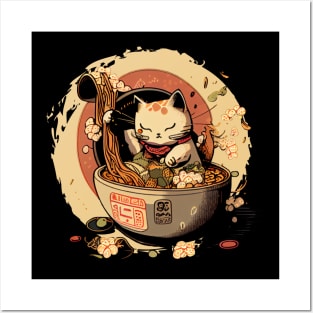 Vintage Kawaii Lucky Cat Ramen Bowl Posters and Art